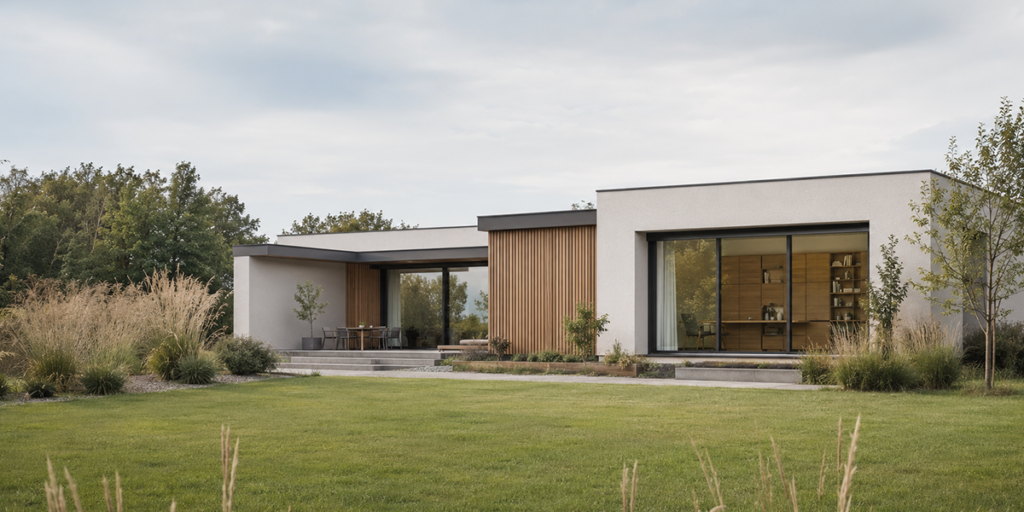 Modernes Flachdachhaus mit großen Fensterfronten und sichtbarem maßgefertigtem Einbauschrank aus Holz.