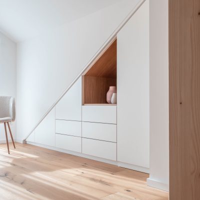 Begehbarer Dachschrägenschrank matt weiss Inlay Eiche LED Bewegungsmelder