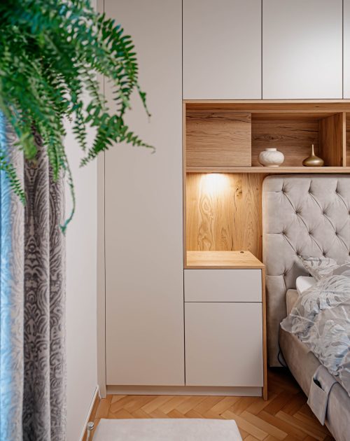 Betthinterbau Seitenansicht Champagner Inlay Wildeiche LED Spots