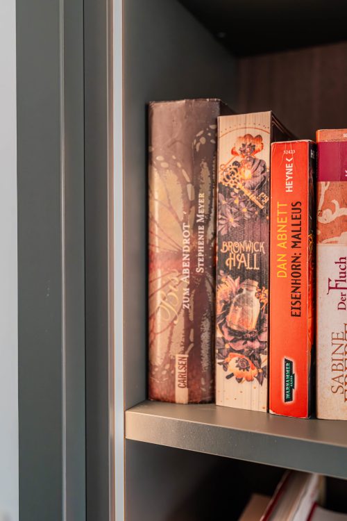Bücherregal tannengrün Nahaufnahme LED