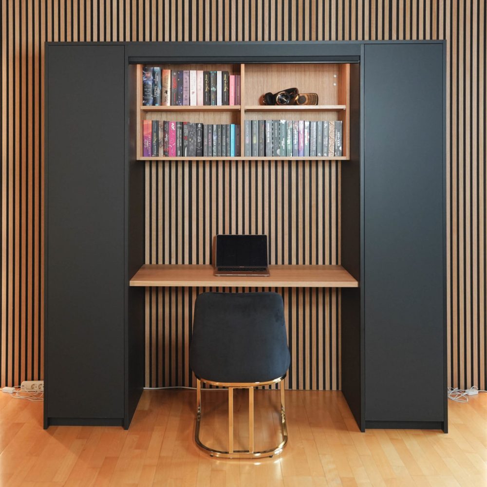 Büroschrank Homeoffice anthrazit mit elektrischem Rollo