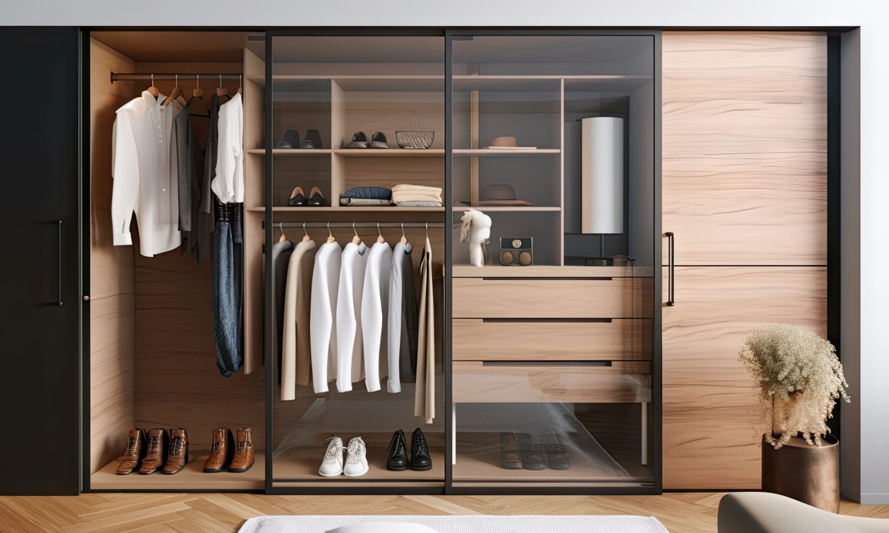 Dressing room in a modern style, minimalist design, copy space.