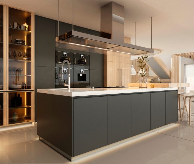 Moderne Küche mit Hohen Regal und Glastüren