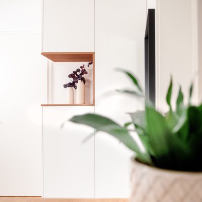Zweitüriger Einbauschrank weiss matt Eicheninlay